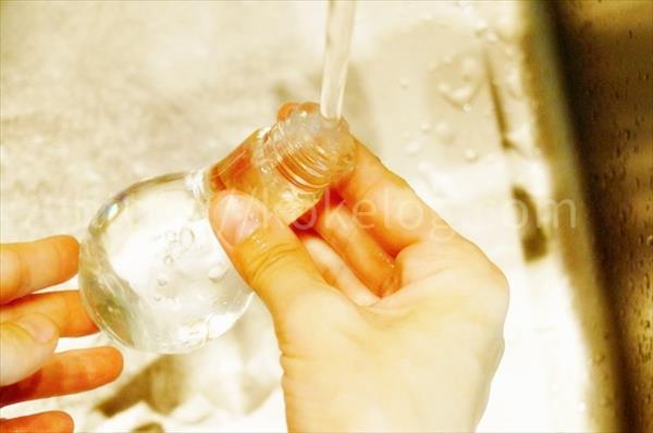 苔テラリウムのボトルをしっかりと水洗いする